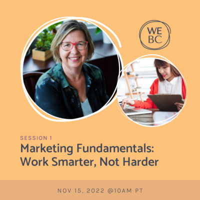 Session info, panelists headshots and a woman holding a clipboard typing on a laptop